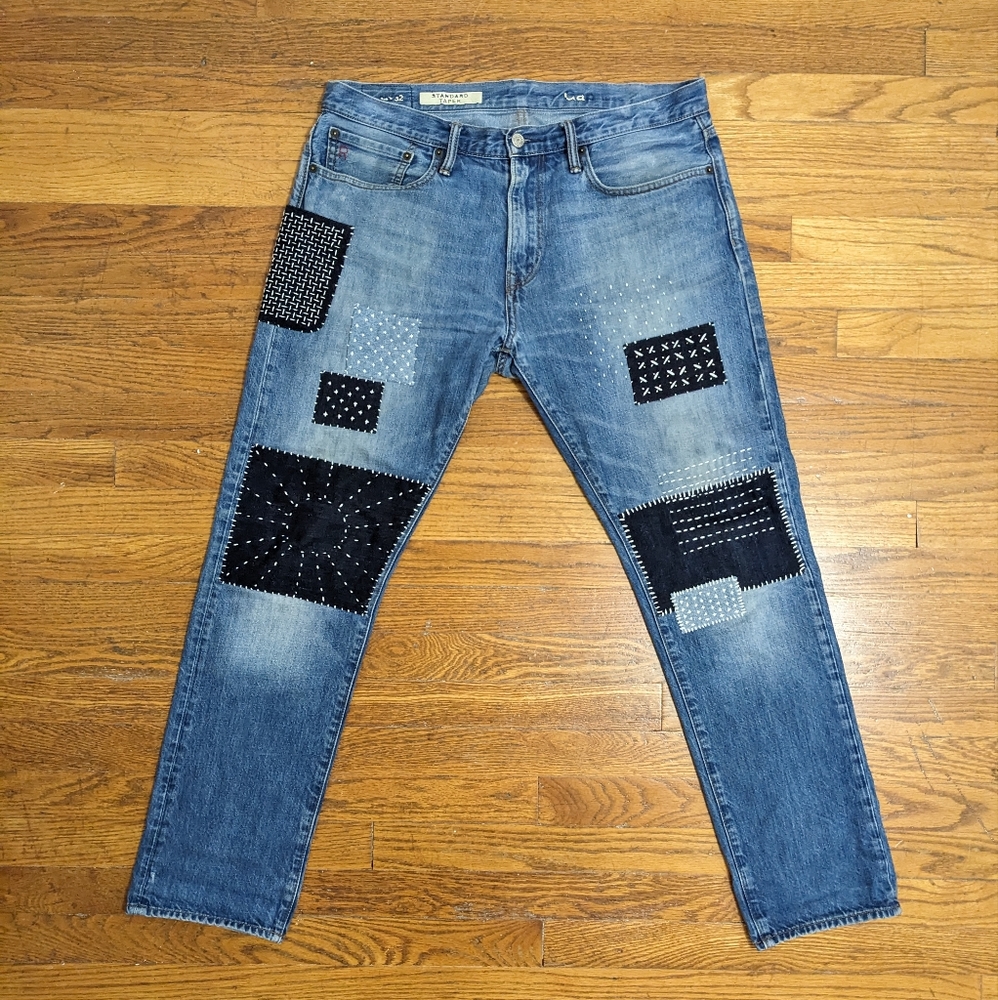 Sashiko jeans hand stitched patched